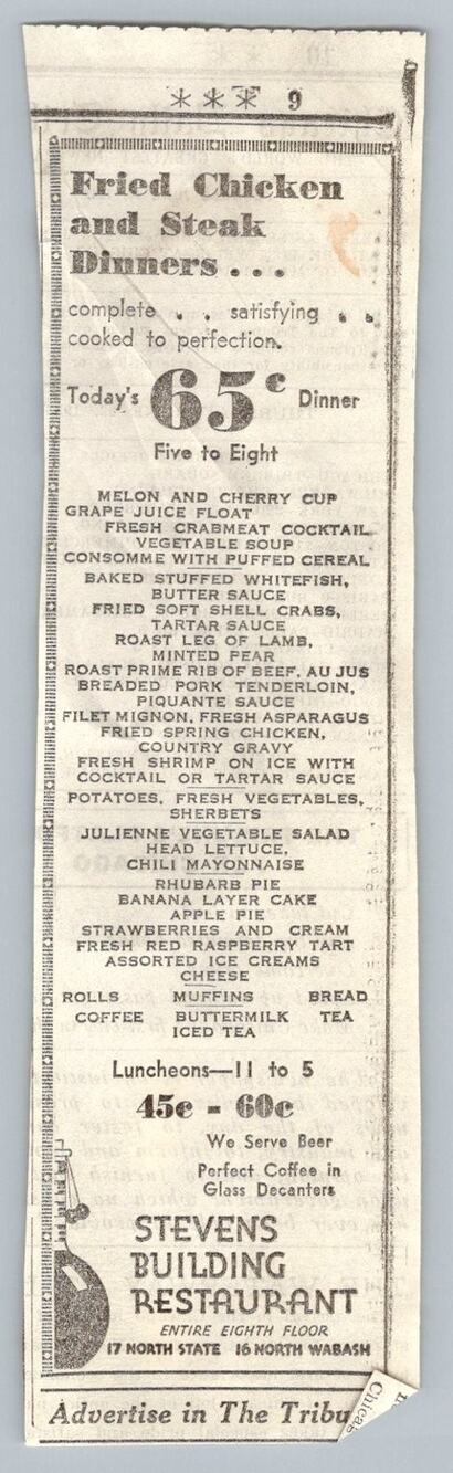 1933 Chicago Stevens Building Restaurant Dinner Menu Fried Chicken Print Ad